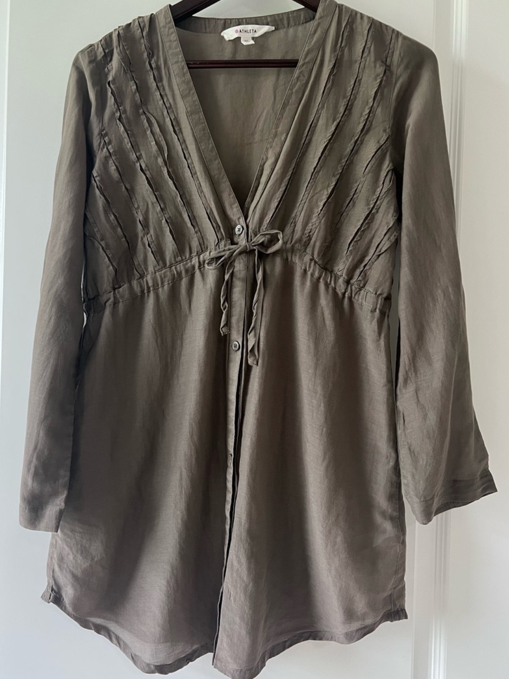 Athleta Day Dream Silk Cotton Coverup Tunic Empire Waist Pintuck Brown Taupe XS